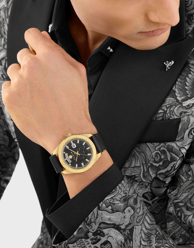 Philipp Plein - Date Superlative 42mm Gold-tone with Black dial and leather strap
