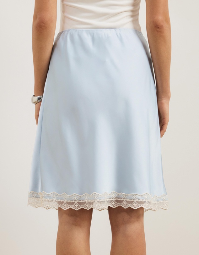 Atmos&Here - Lauren Satin Bias Knee Length Skirt With Lace Hem