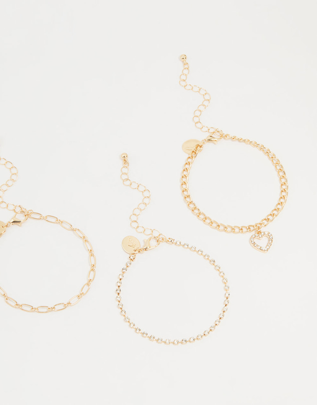 Lovisa - Gold Diamante Mixed Chain Heart Bracelets 3-Pack