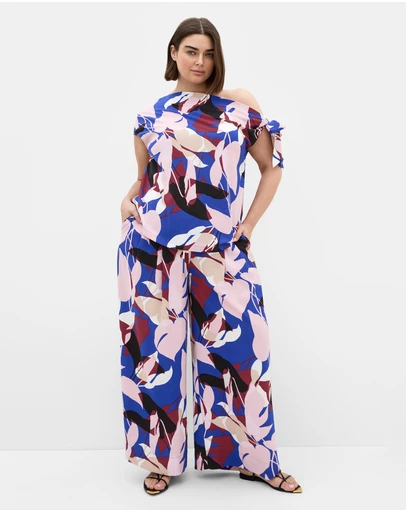 City Chic - Plus size Wild Fern Print Wide Leg Pant - cobalt blue