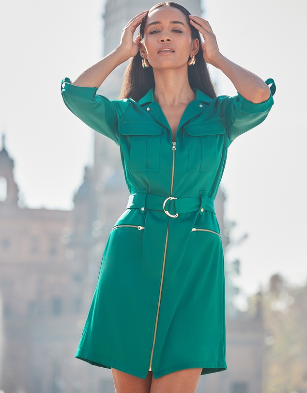 Sosandar - Satin Zip Front Utility Shirt Dress