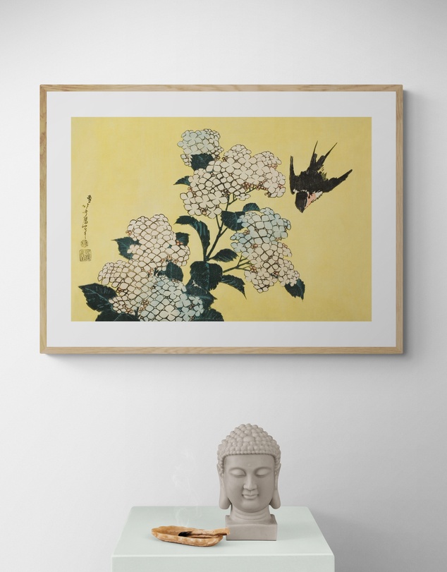 Inka Arthouse - Hydrangea & Swallow by Hokusai Art Print