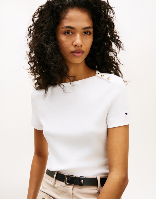 Tommy Hilfiger - Gold-Tone Button Slim Boat Neck T-Shirt
