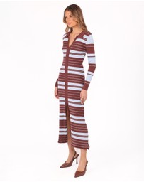 Petal & Pup - Eliana Long Sleeve Midi Dress - Brown Blue Stripe