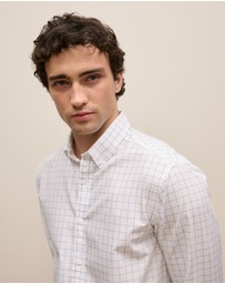 Trenery - Regular Fit Poplin Grid Long Sleeve Shirt in White