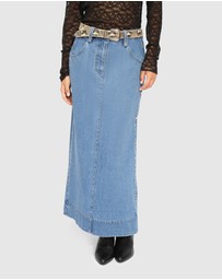 Belle & Bloom - Edge Line Denim Maxi Skirt with Side Buttons