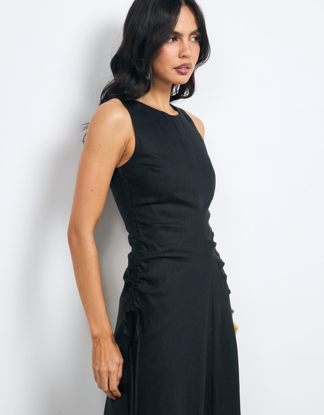 AERE - Orla Boatneck Ruched Waist Linen Midi Dress
