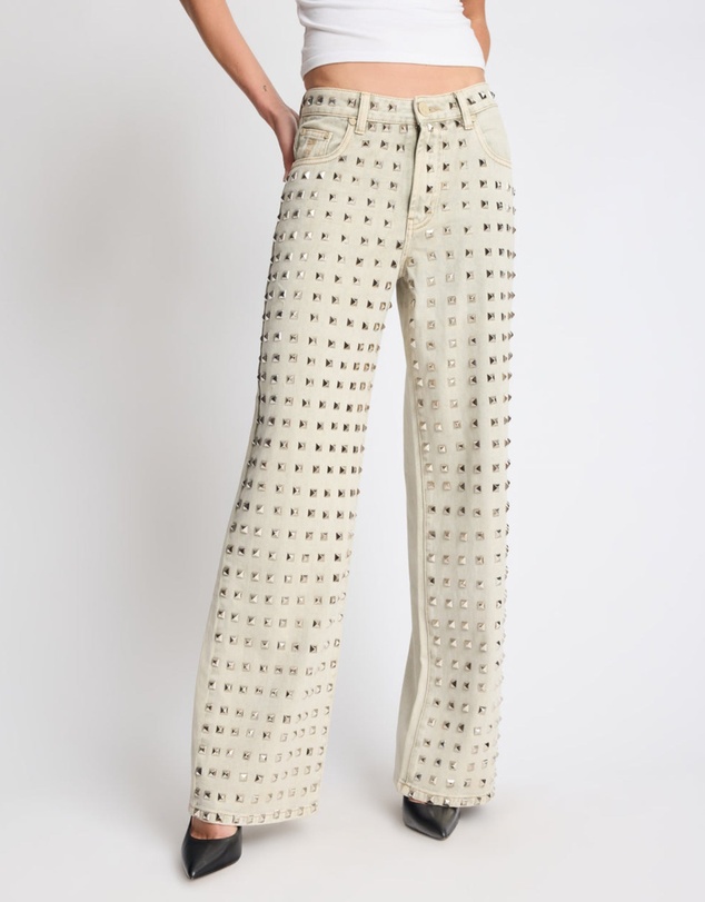 ONE TEASPOON - Jackson Mid Waist Wide Leg Studded Denim Jeans - Antique Khaki
