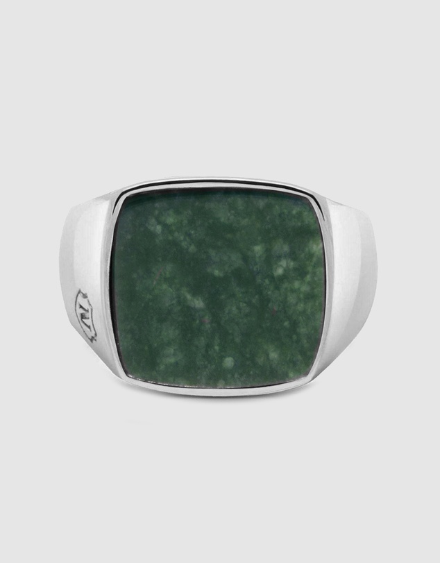 Nialaya Jewellery - Men's Silver Signet Ring with Green Jade