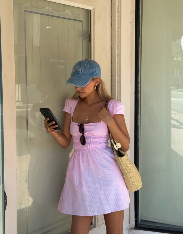 Beginning Boutique - Clairo Light Pink Stripe Cap Sleeve Mini Dress