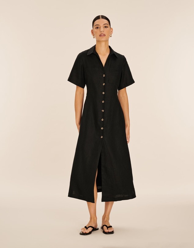 AERE - Opal Linen Open Collar Midi Dress