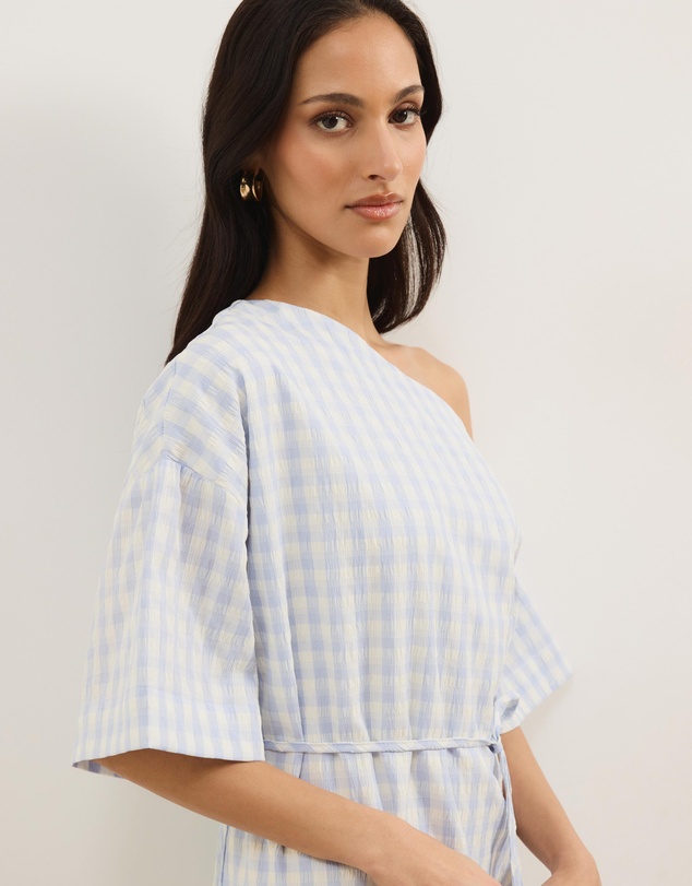 Atmos&Here - Olive Off Shoulder Gingham Mini Dress With Tie Waist