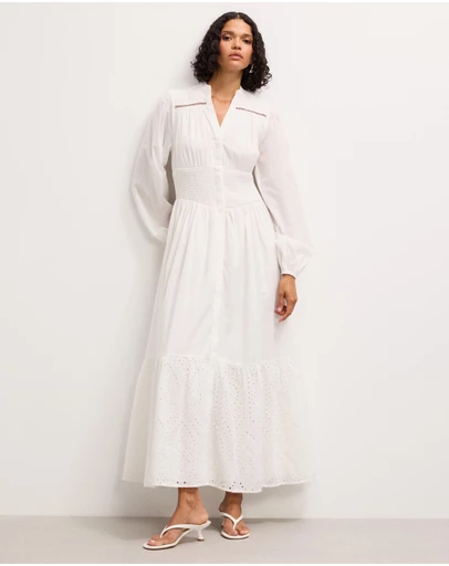 The Fated - Shirred Waist Broderie Hem Midi Dress