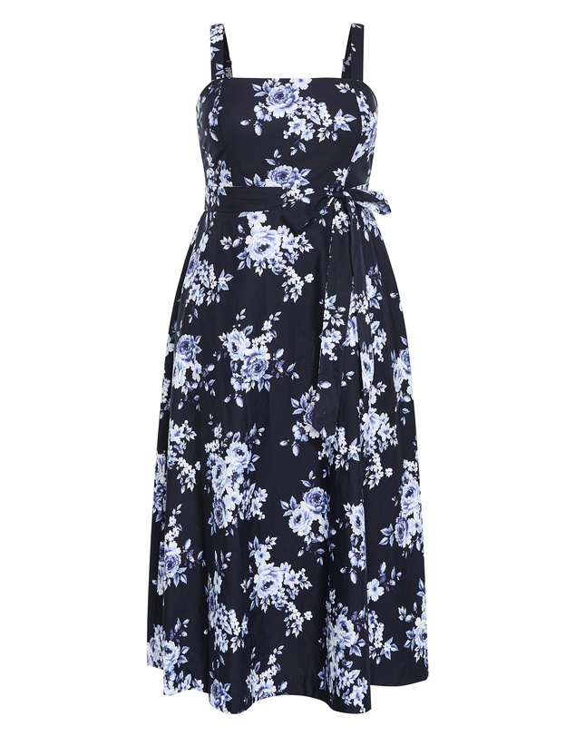 City Chic - Plus size Collins Floral Print Sleeveless Cotton Dress - navy