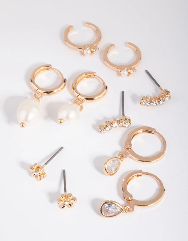 Lovisa - Gold Diamante & Freshwater Pearl Huggie Hoop Earring Stack Pack