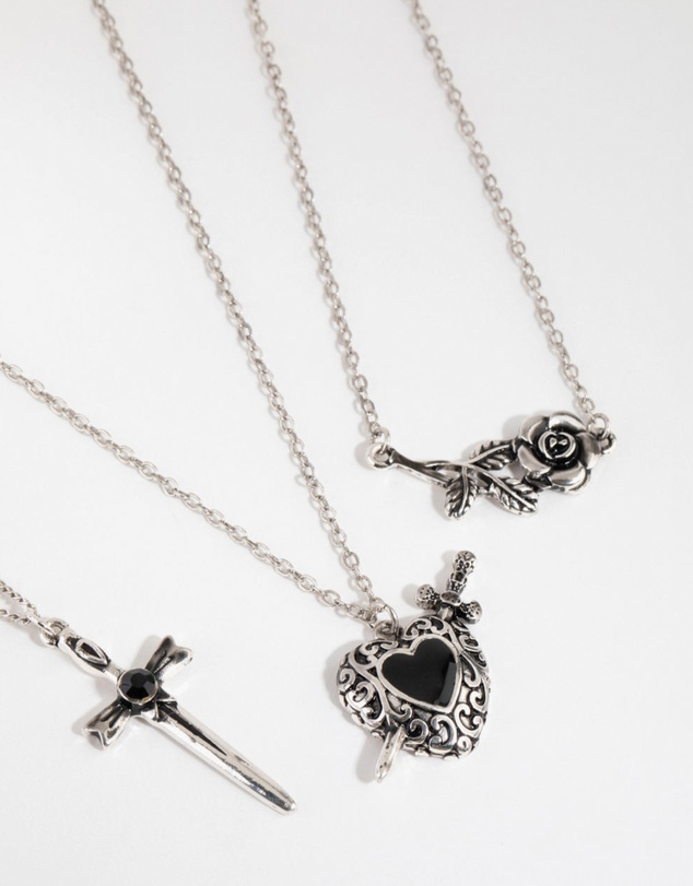 Lovisa - Antique Silver Enamel Heart Layered Necklaces