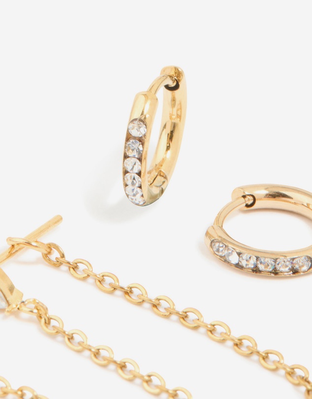Lovisa - Waterproof Gold Plated Stainless Steel Cubic Zirconia Pave Earrings Stacking Pack