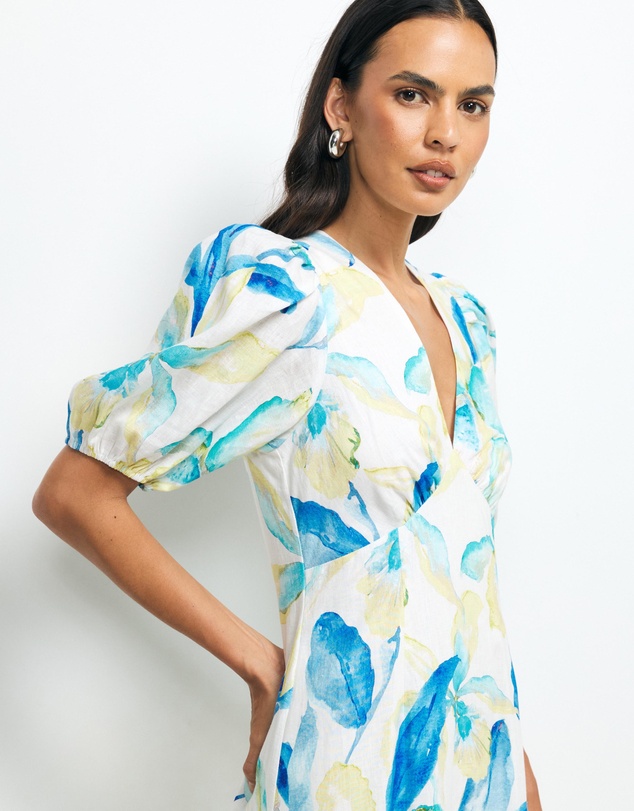 AERE - Kira Puff Sleeve Linen Midi Dress
