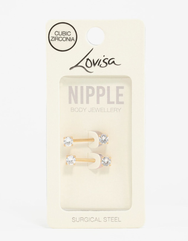 Lovisa - Gold Plated Surgical Steel Cubic Zirconia Nipple Bars 2-Pack