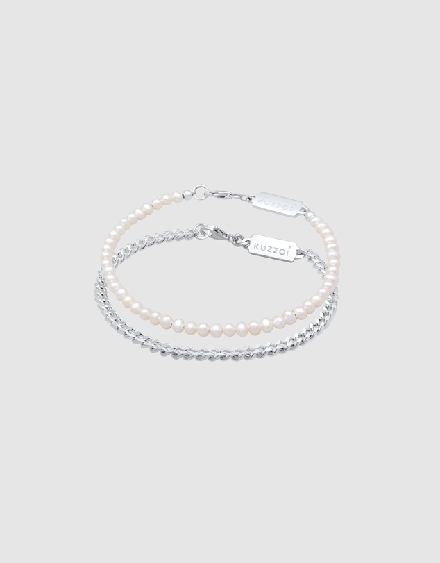 Kuzzoi - ICONIC EXCLUSIVE - Curb Chain and Pearl Bracelet Set in 925 Sterling Silver
