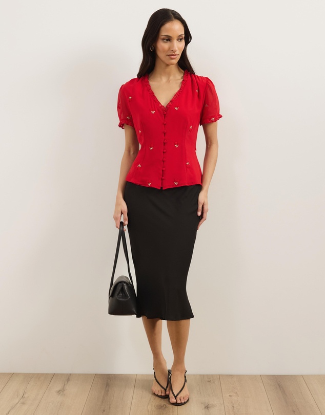 Atmos&Here - Cherry V-Neck Ruffle Blouse