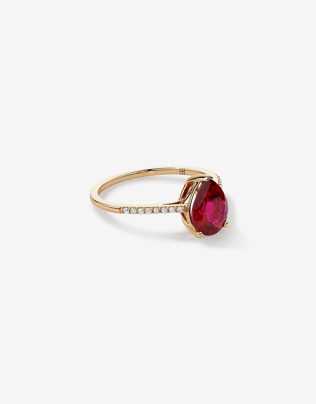 Michael Hill - Pear Cut Red Created Ruby Gemstone and Diamond Ring in 10kt Yellow Gold