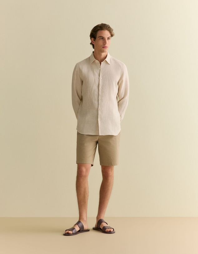 Trenery - Tailored Fit Basketweave Linen Shirt in Barley