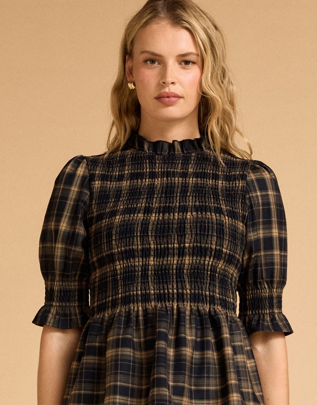 MVN - Plaid Shirring Short Sleeve Top