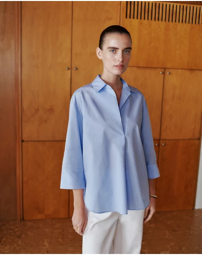 Trenery - Yarn Dyed Cotton Poplin Half Sleeve Shirt in Sky