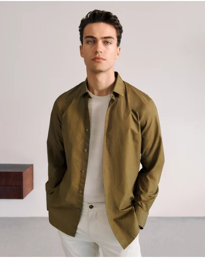 Trenery - Tailored Fit Cotton Poplin Shirt in Dark Khaki