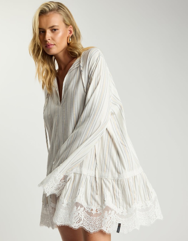 ONE TEASPOON - Moonlight Prairie Lace Longsleeve Mini Dress - White Stripe