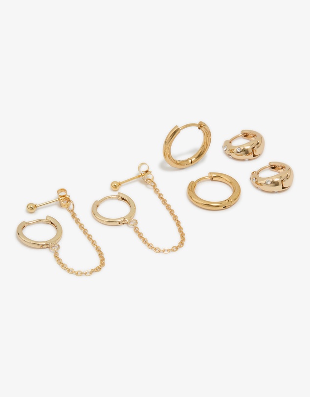 Lovisa - Waterproof Gold Plated Stainless Steel Cubic Zirconia & Sleek Huggie Earrings 3-Pack