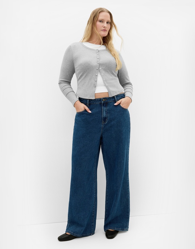 City Chic - Plus size Lily Button Through Rib Top - grey marle