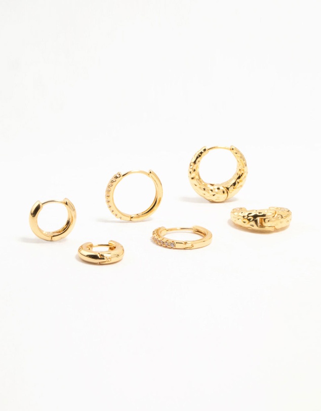Lovisa - Gold Plated Brass Organic & Cubic Zirconia Clicker Earrings 3-Pack