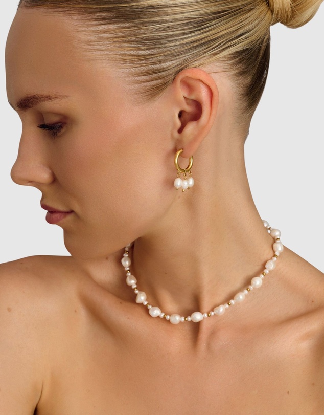 Nialaya Jewellery - Triple Drop Pearl Hoops in Gold
