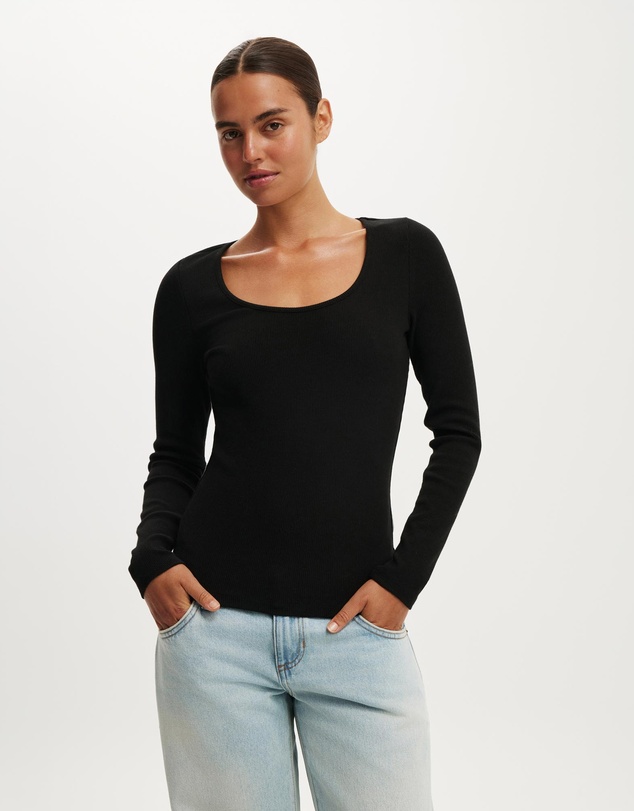 Cotton On - Scoop Neck Rib Long Sleeve Top
