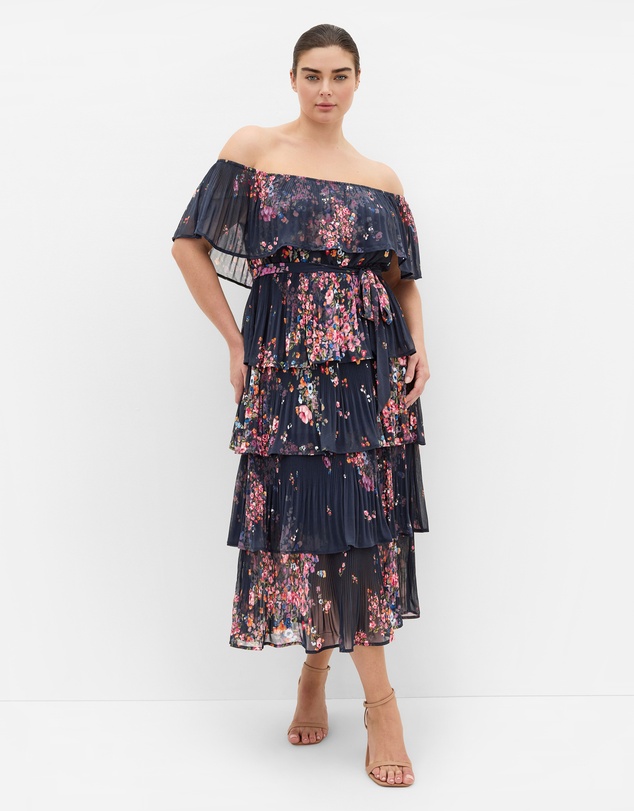 City Chic - Night Garden Print Tier Midi Dress