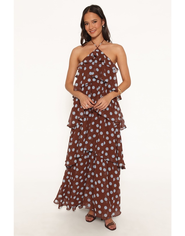 Petal & Pup - Chasity Halterneck Maxi Dress - Brown Polka Dot