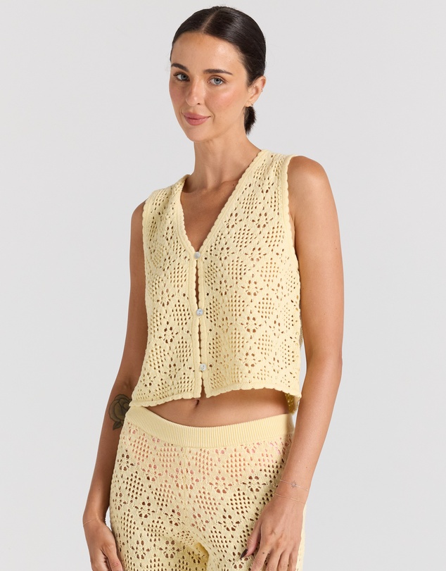 Poolside Paradiso - Messina Crochet V Knit Button Up Top - Lemon