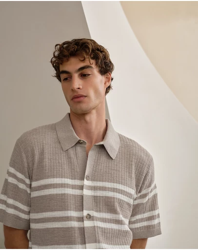 Trenery - Cotton Linen Stripe Knit Shirt in Stone