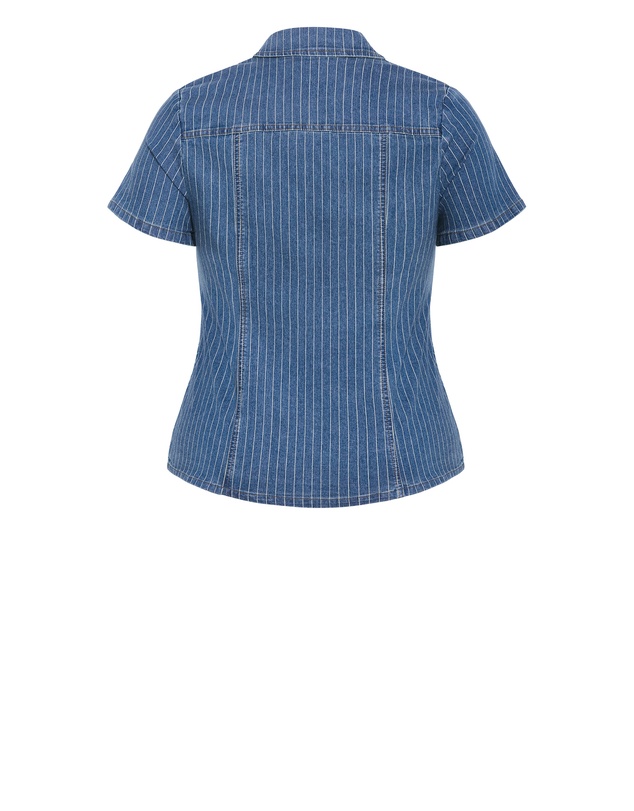 City Chic - Plus size Pinstripe Short Sleeve Denim Shirt - blue wash
