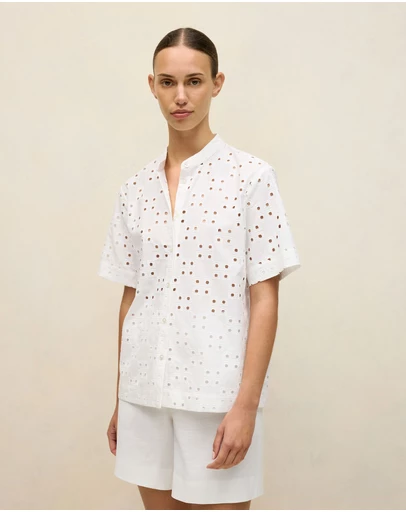 Trenery - Cotton Geo Cutwork Short Sleeve Shirt in White