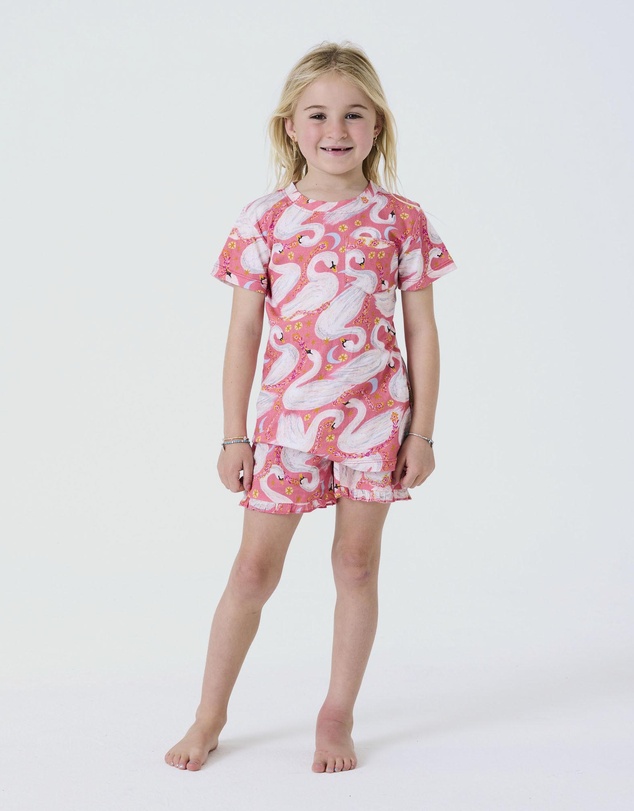 Kip&Co - Swanette Kids Organic Cotton Short Sleeve Tee and Frill Shorts Pyjama Set - Kids