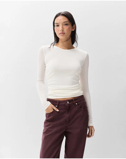 UNISON - Long Sleeve Ruched Mesh Top