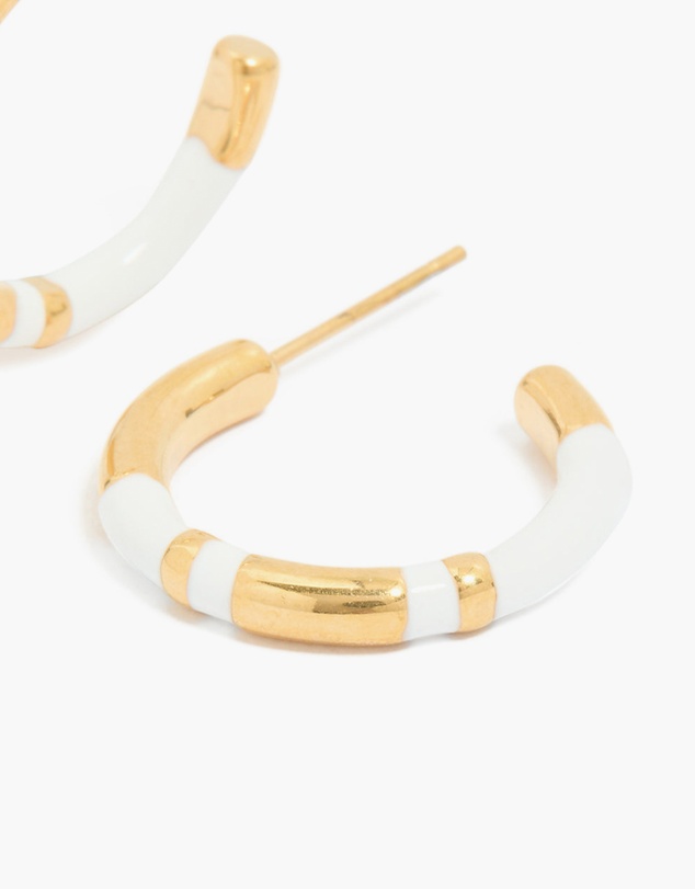 Lovisa - Waterproof Gold Plated Stainless Steel Small Stripe White Enamel Hoop Earrings