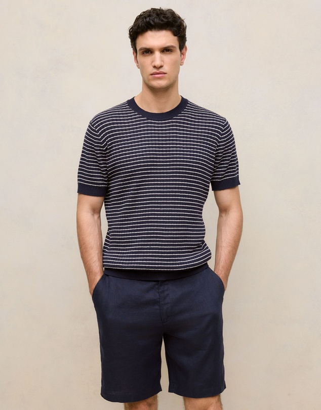 Trenery - Linen Cotton Rib Stripe Knit T-shirt in Navy