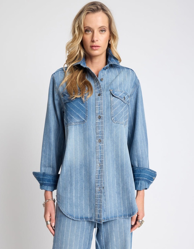 ONE TEASPOON - Distressed Everyday Denim Shirt - Blue Stripe