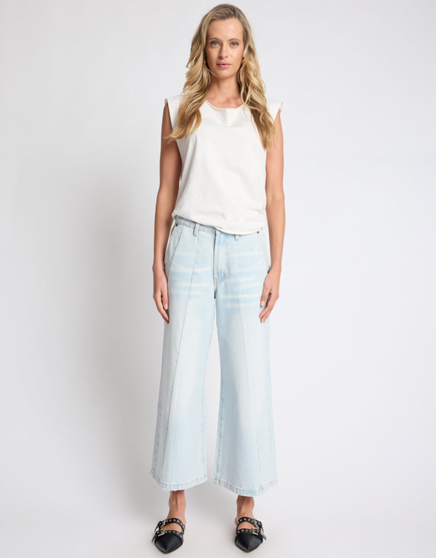 ONE TEASPOON - Hayden Mid Waist Wide Leg Cropped Denim Jeans - Bel Air Blue