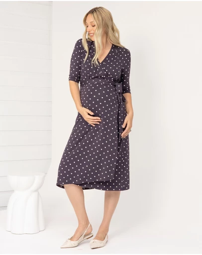 Angel Maternity - Eve Maternity Midi Wrap Dress in Brown Polka Dots