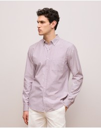 Trenery - Regular Fit Poplin Stripe Long Sleeve Shirt in Deep Red